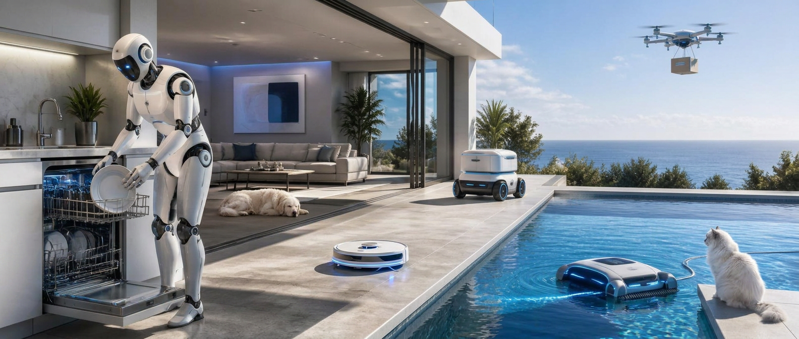 Blended scene of new robot models including a kitchen helper robot loading a dishwasher, robot vacuum cleaning tiles, robotic pool cleaner, food delivery robot, delivery drone, plus a cream dog and white fluffy cat. Image by www.CleaningRobots.Online.