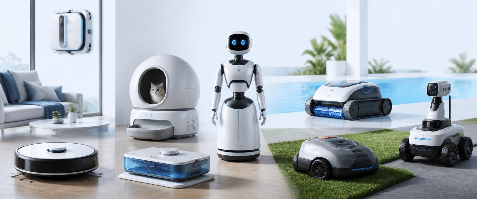 Worldwide montage of robot vacuums, mops, pool cleaners, lawn mowers, window bots, litter boxes, home assistants and security robots. Image by www.CleaningRobots.Online.